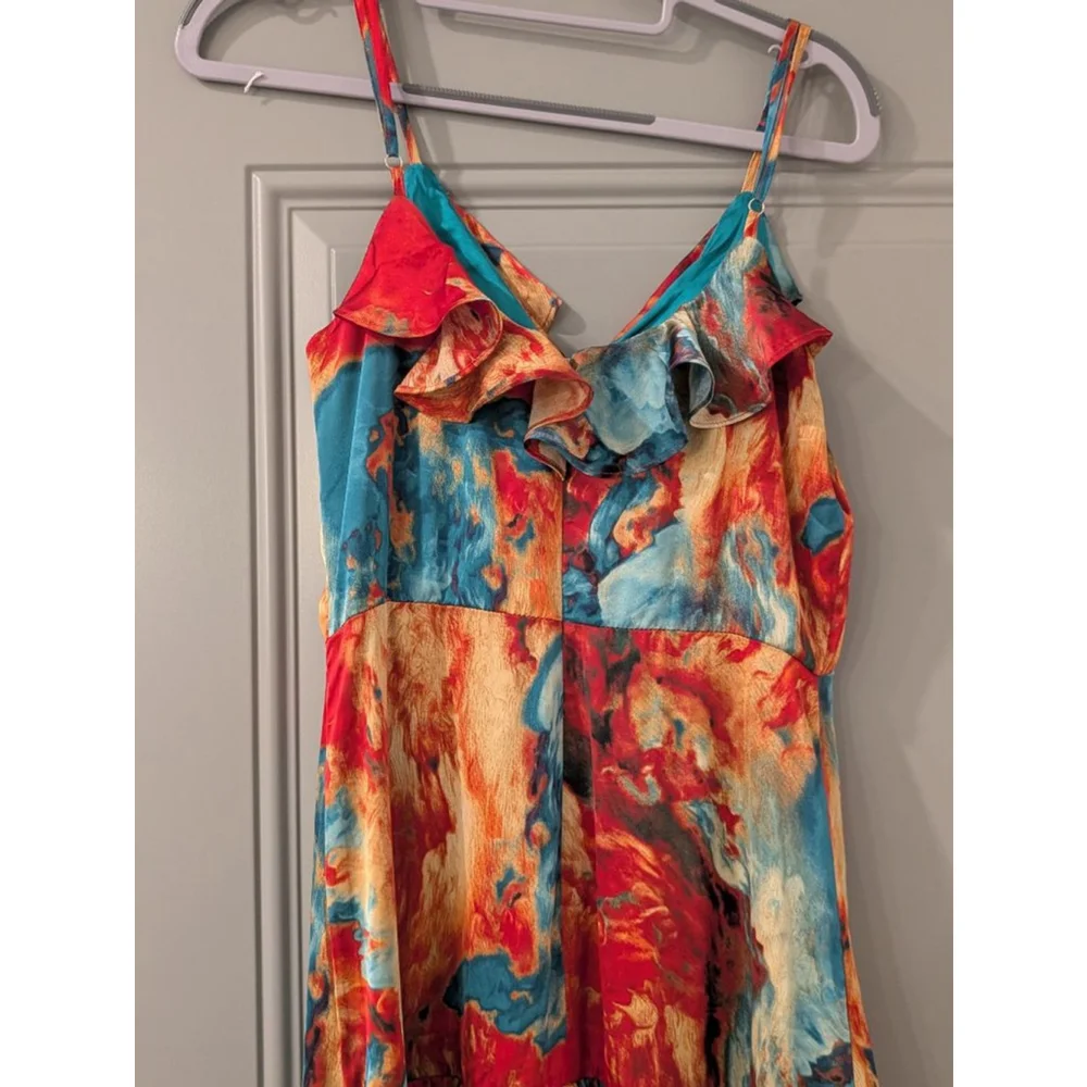 Women's NOVALUXE Small Red Blue Abstract Tiered Ruffle Maxi Dress - Picture 11 of 14